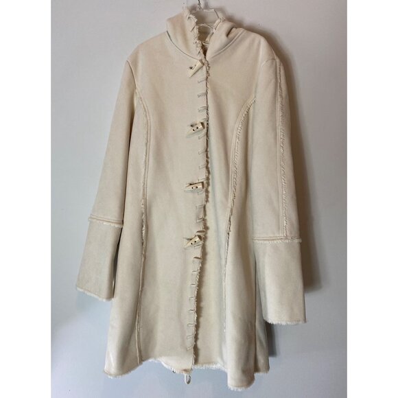 Coldwater Creek Faux Suede & Sherpa Coat Hood Toggle Closure Cream Medium - Picture 3 of 12